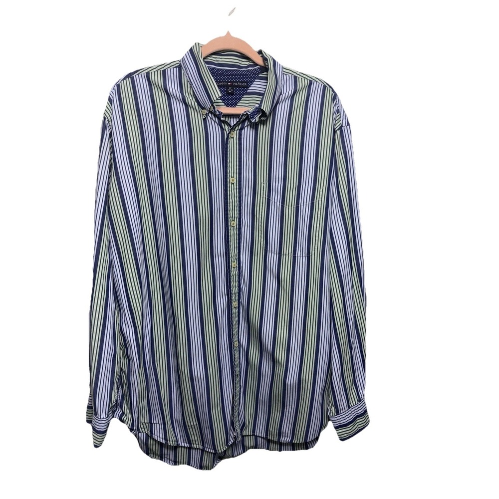 Tommy Hilfiger Mens Stripe Button Down Shirt 17 34 35 XL Blue And Green Stripped